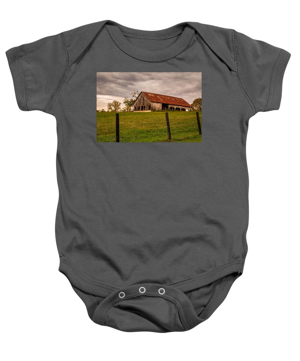 Barn Baby Onesie featuring the photograph Barn on the Hill by Ron Pate