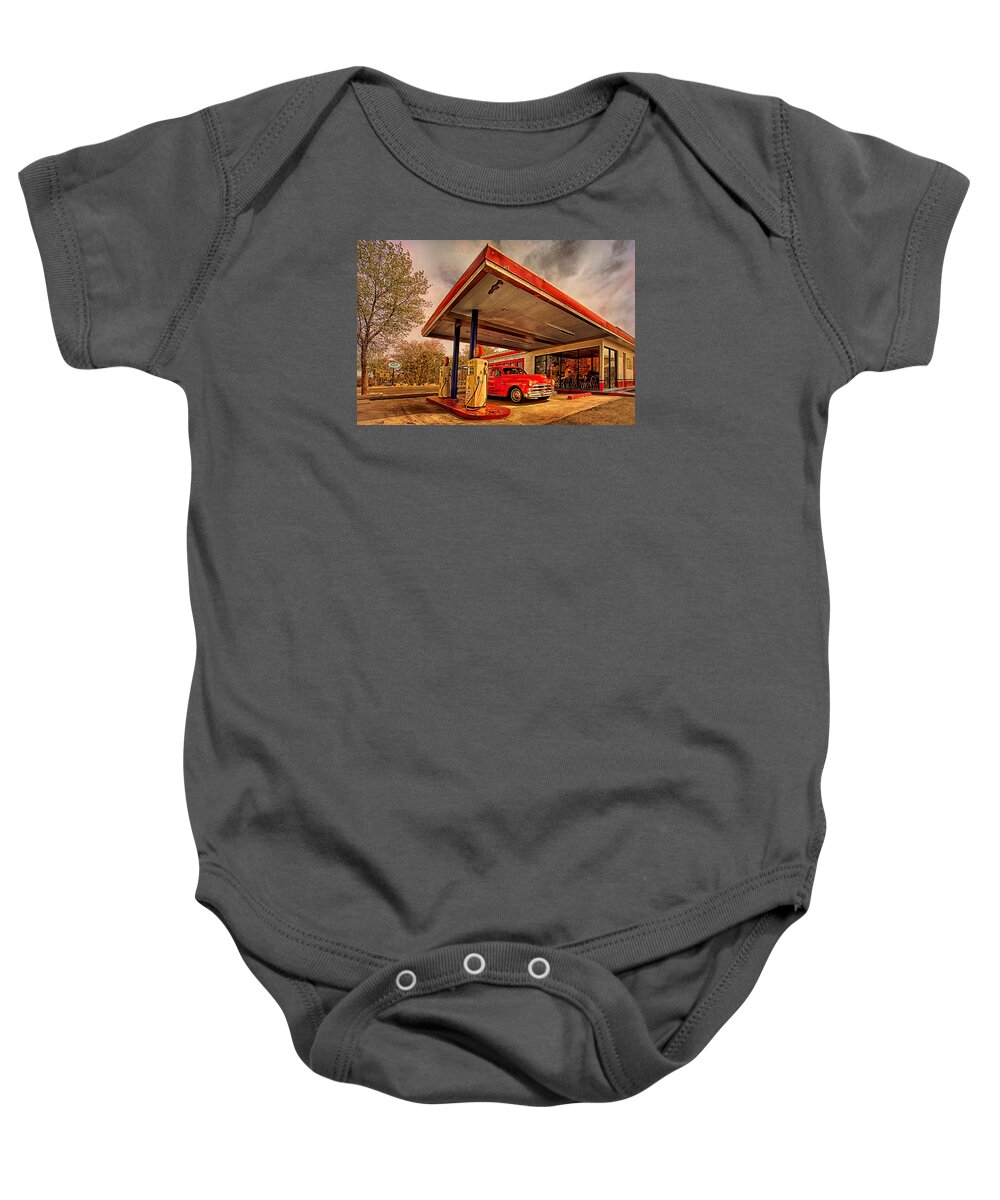 Bing's Burger Station Baby Onesie featuring the photograph Bings Burger Station in Historic Old Town Cottonwood Arizona by Priscilla Burgers