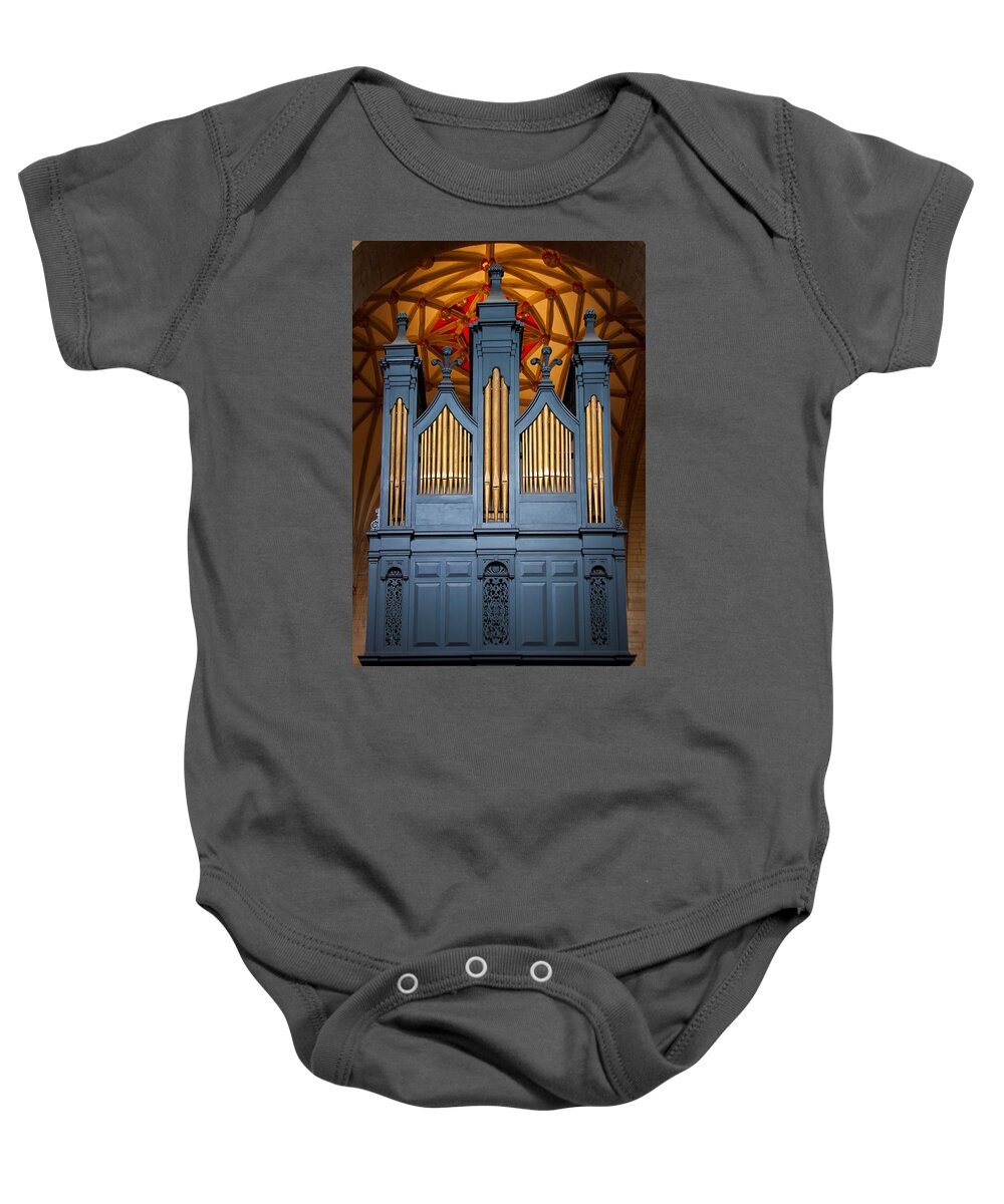 Pipe Organ Baby Onesie featuring the photograph Blue and gold music by Jenny Setchell