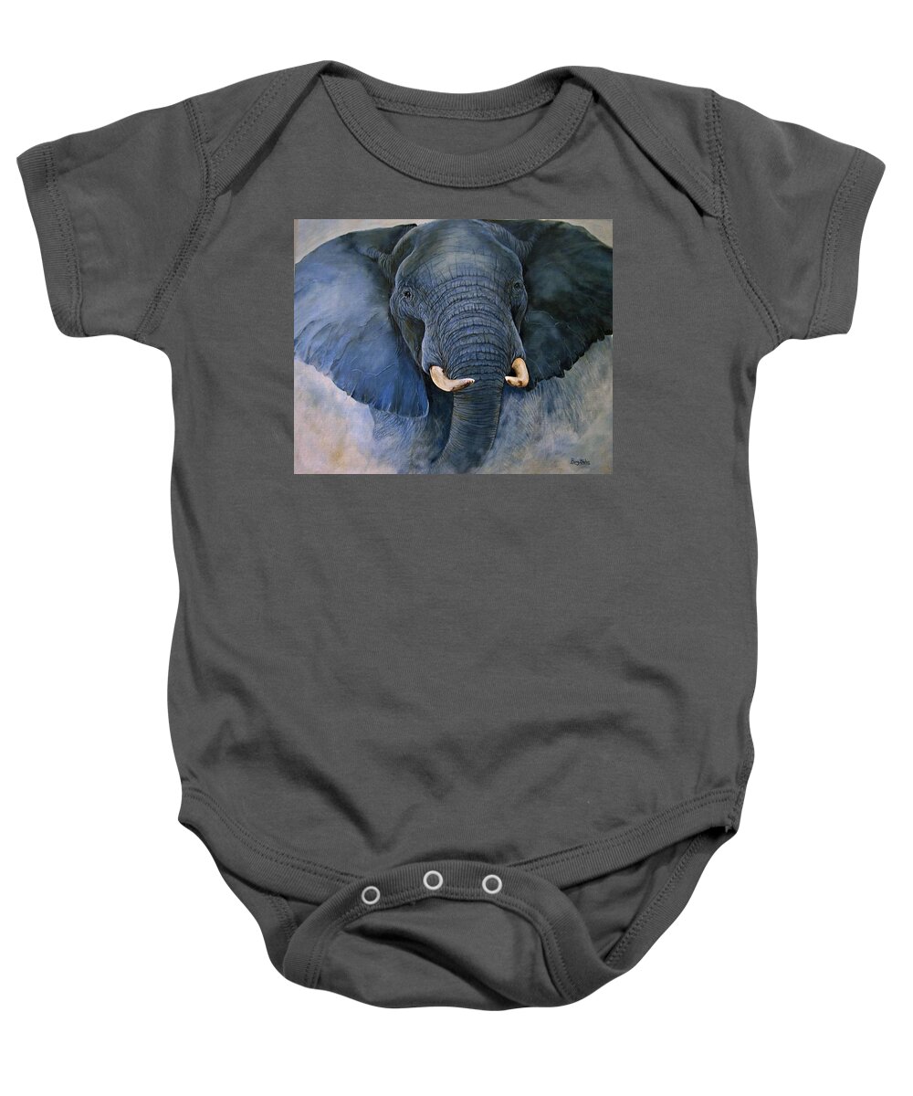 Elephants Baby Onesie featuring the painting Blue Rage by Barry BLAKE