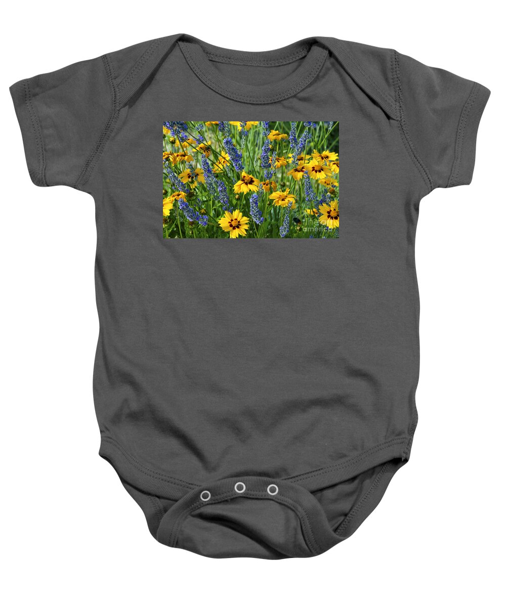 Blue Flower Baby Onesie featuring the photograph Blues and Yellows by Bob Phillips