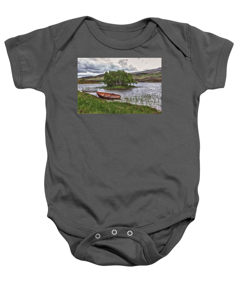 Bank Baby Onesie featuring the painting Boat On Lake Bank 1929 by Dean Wittle