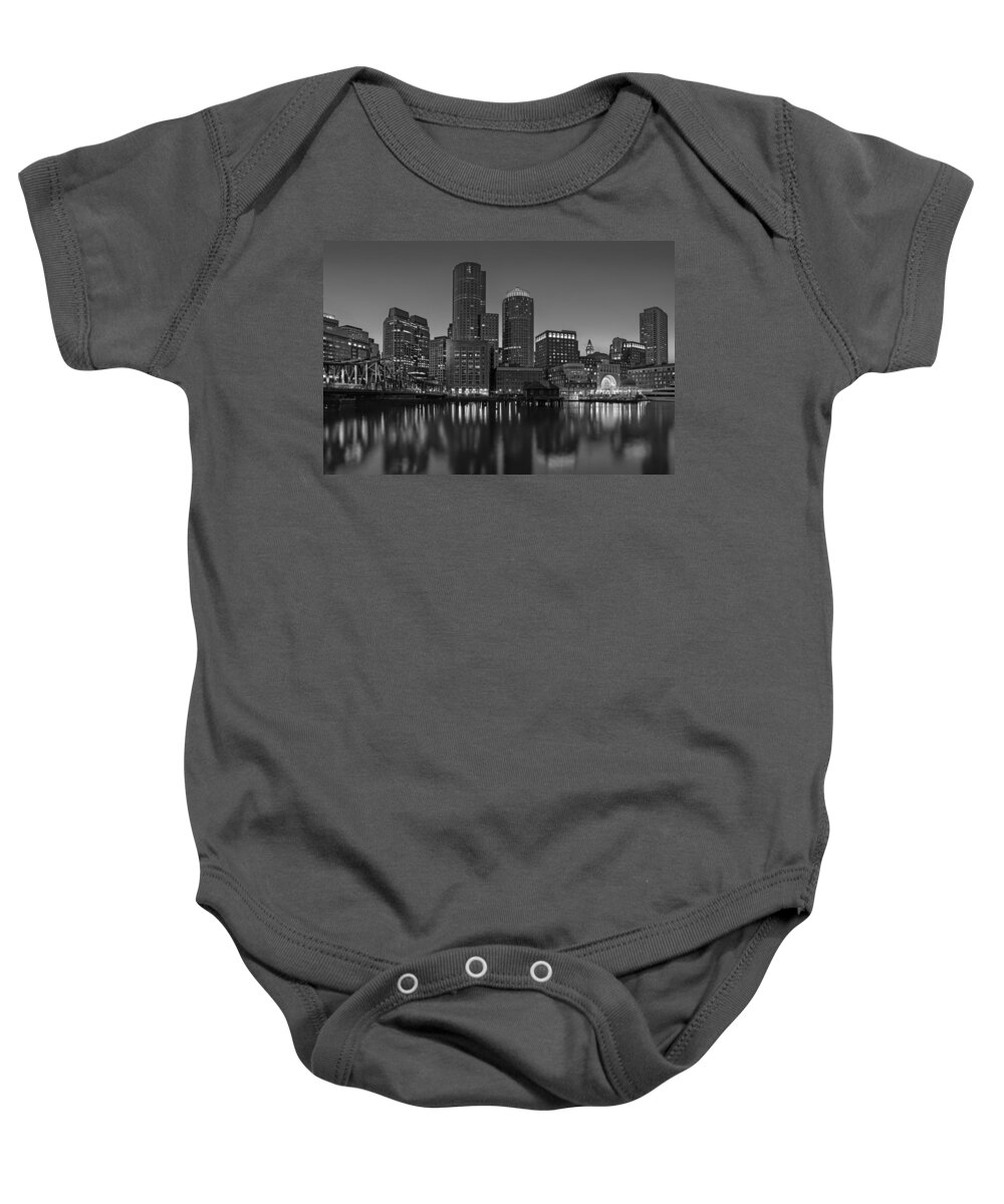 Boston Baby Onesie featuring the photograph Boston Skyline Seaport District BW by Susan Candelario