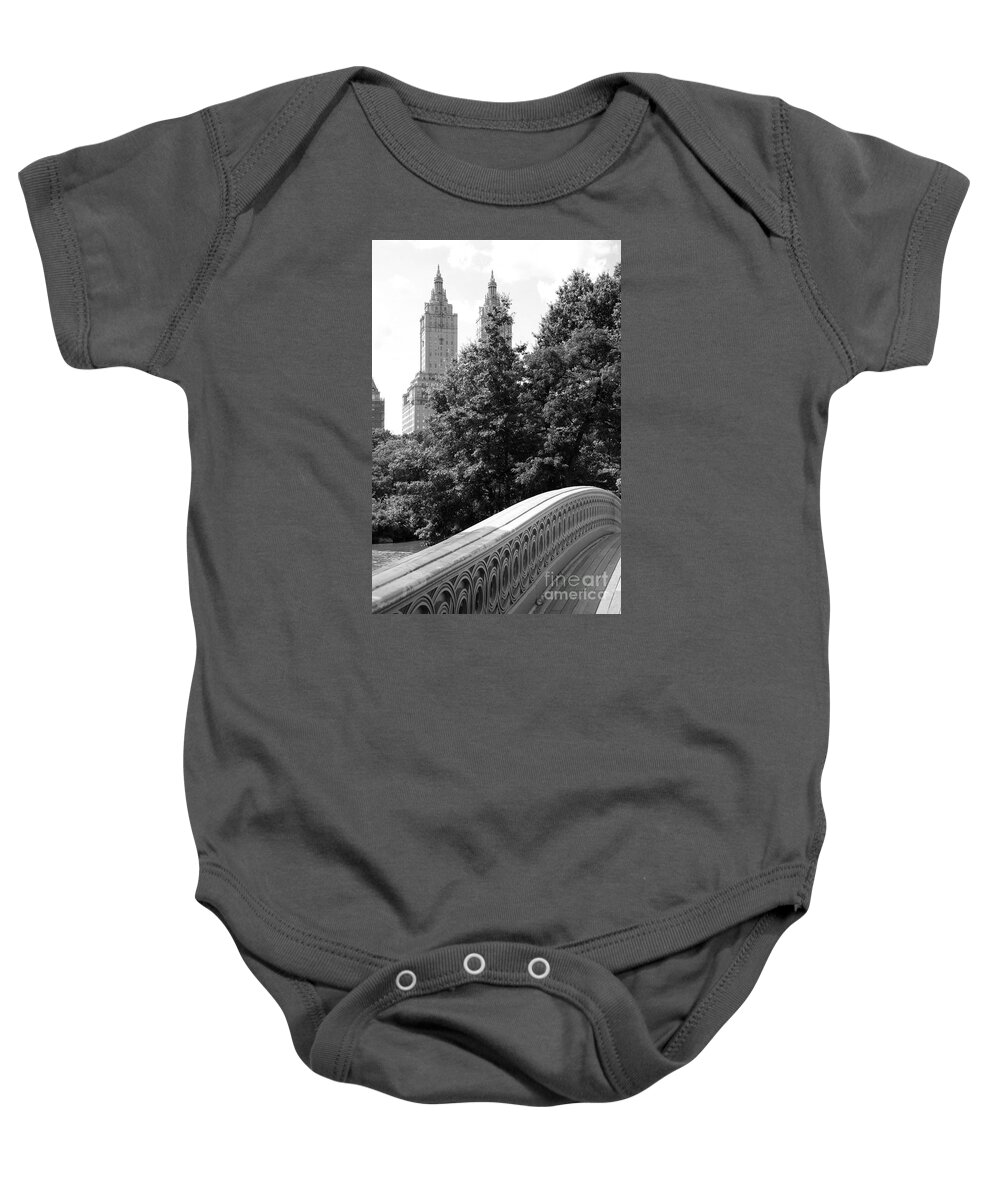 Bow Bridge Baby Onesie featuring the photograph Bow Bridge And San Remo Towers B and W by Christiane Schulze Art And Photography