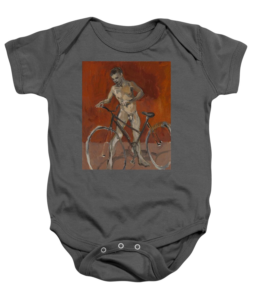 Boy Baby Onesie featuring the painting Boy with bicycle red oxide by Peregrine Roskilly