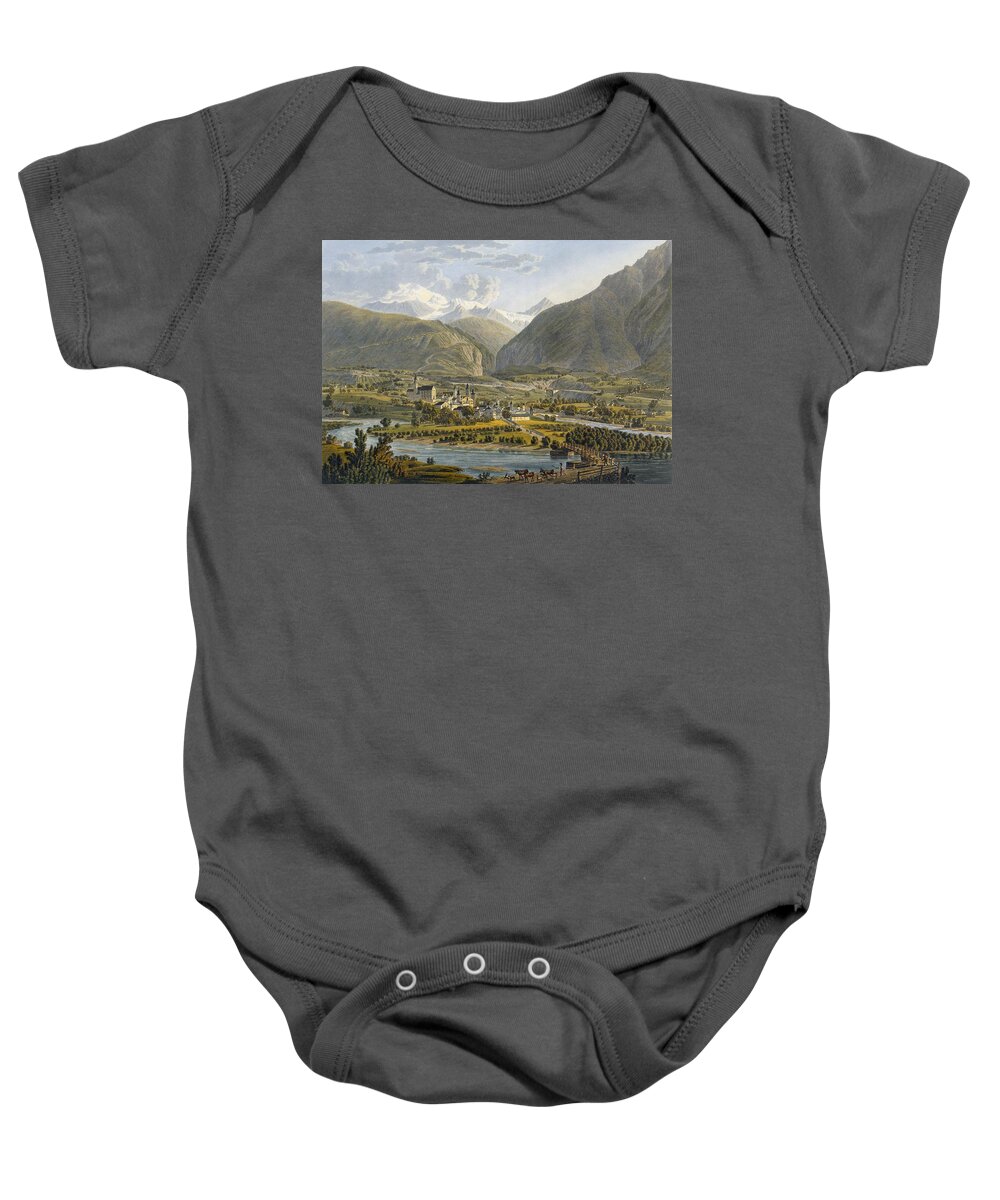 Switzerland Baby Onesie featuring the drawing Brig On The Rhone, Bernese Alps by Swiss School