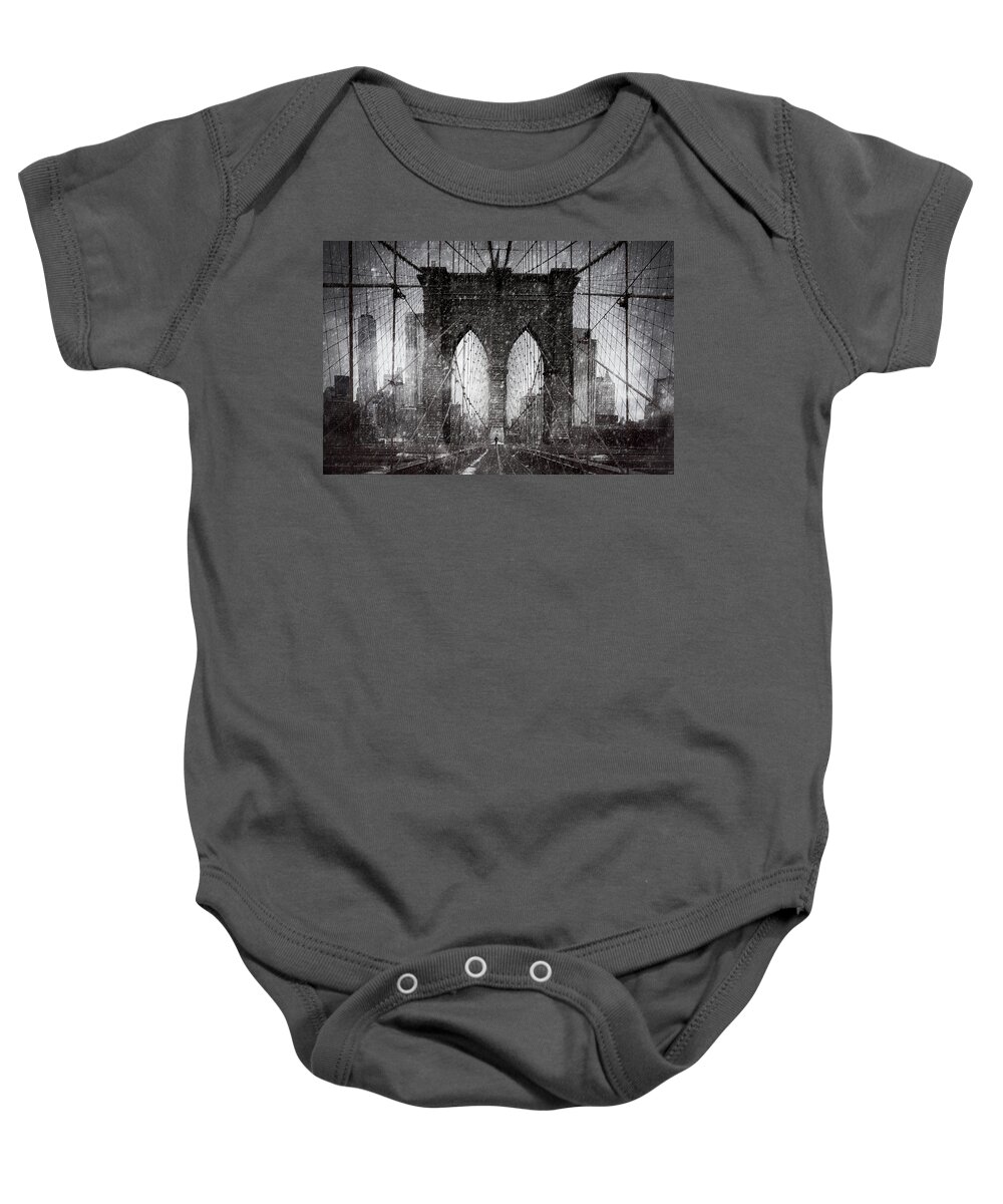 Brooklyn Baby Onesie featuring the photograph Brooklyn Bridge Snow Day by Chris Lord