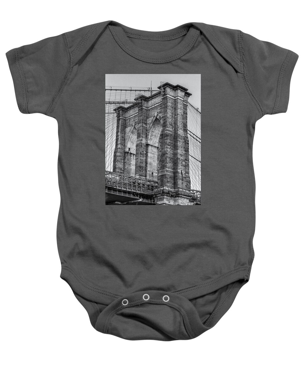 Bridge Baby Onesie featuring the photograph Brooklyn Bridge Tower B and W by Jerry Fornarotto