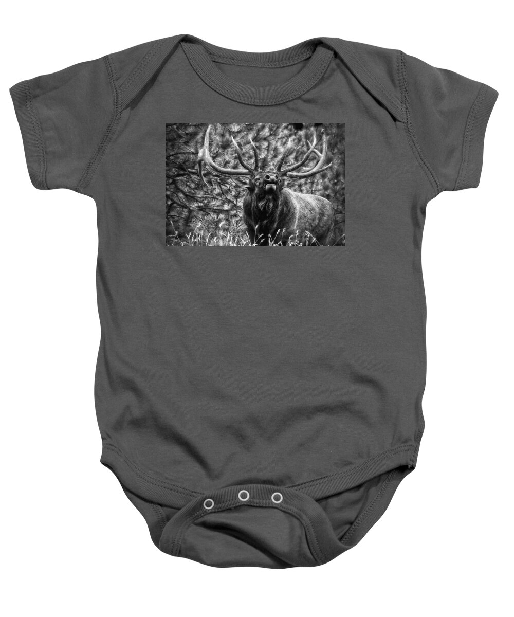 Elk Baby Onesie featuring the photograph Bull Elk Bugling Black and White by Ron White