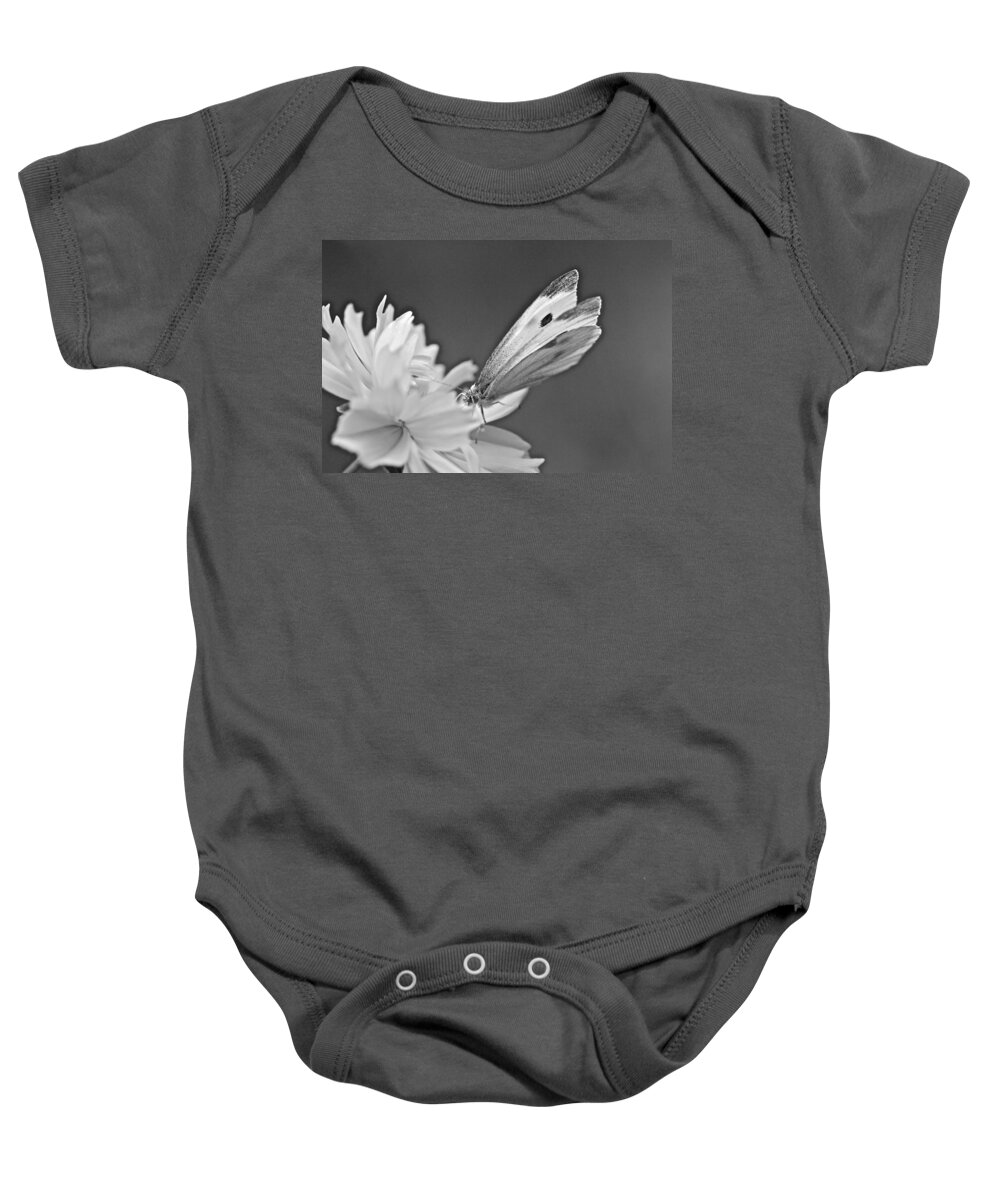 Butterfly Baby Onesie featuring the photograph Cabbage White Butterfly on Cosmos - Black and White by Carol Senske