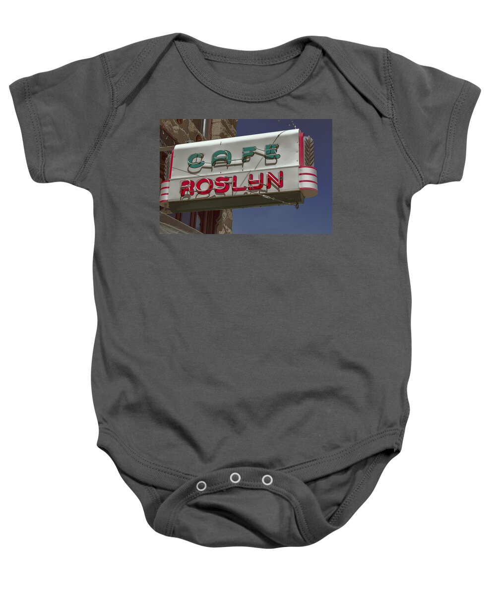 Cafe Sign Baby Onesie featuring the photograph Cafe Roslyn by Cathy Anderson