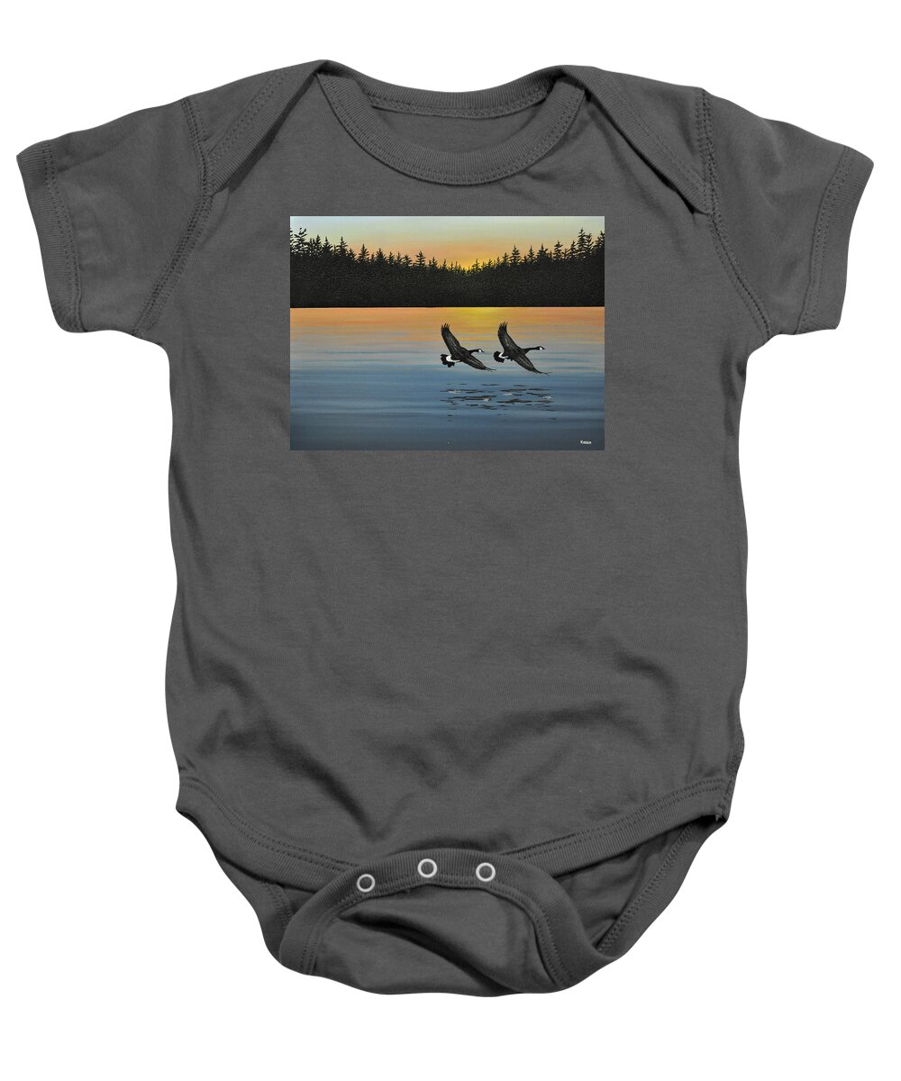 Canada Geese. Bireds Baby Onesie featuring the painting Canada Geese by Kenneth M Kirsch