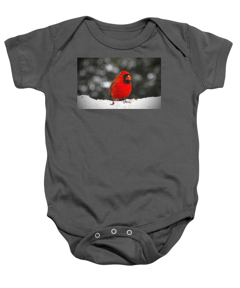Cardinal Baby Onesie featuring the photograph Cardinal In The Snow by Sandi OReilly