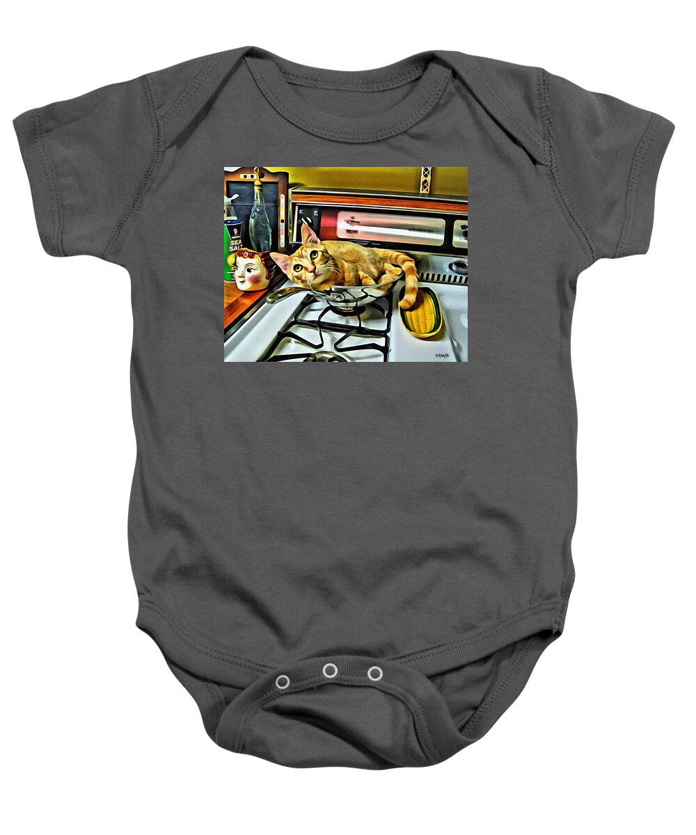 Cat In A Pot Baby Onesie featuring the photograph Cat in a Pot on a Stove by Rebecca Korpita
