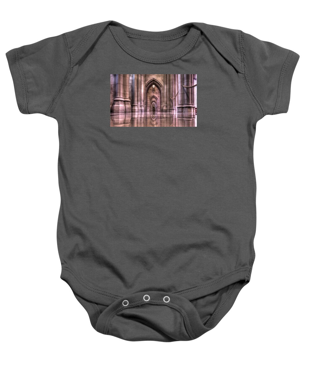 Sneffy Baby Onesie featuring the photograph Cathedral Reflections by Shelley Neff