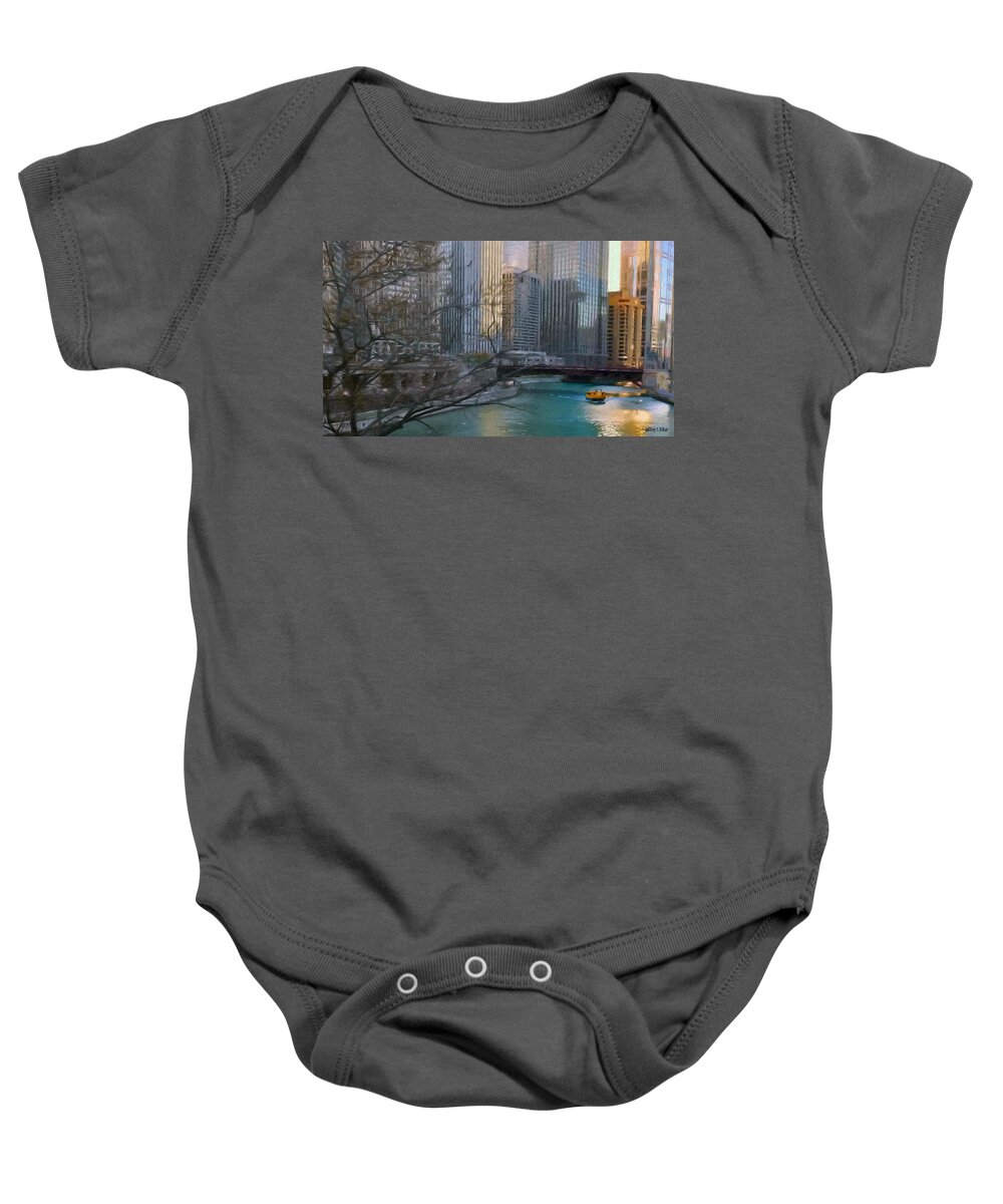 Architecture Baby Onesie featuring the painting Chicago River Sunset by Jeffrey Kolker