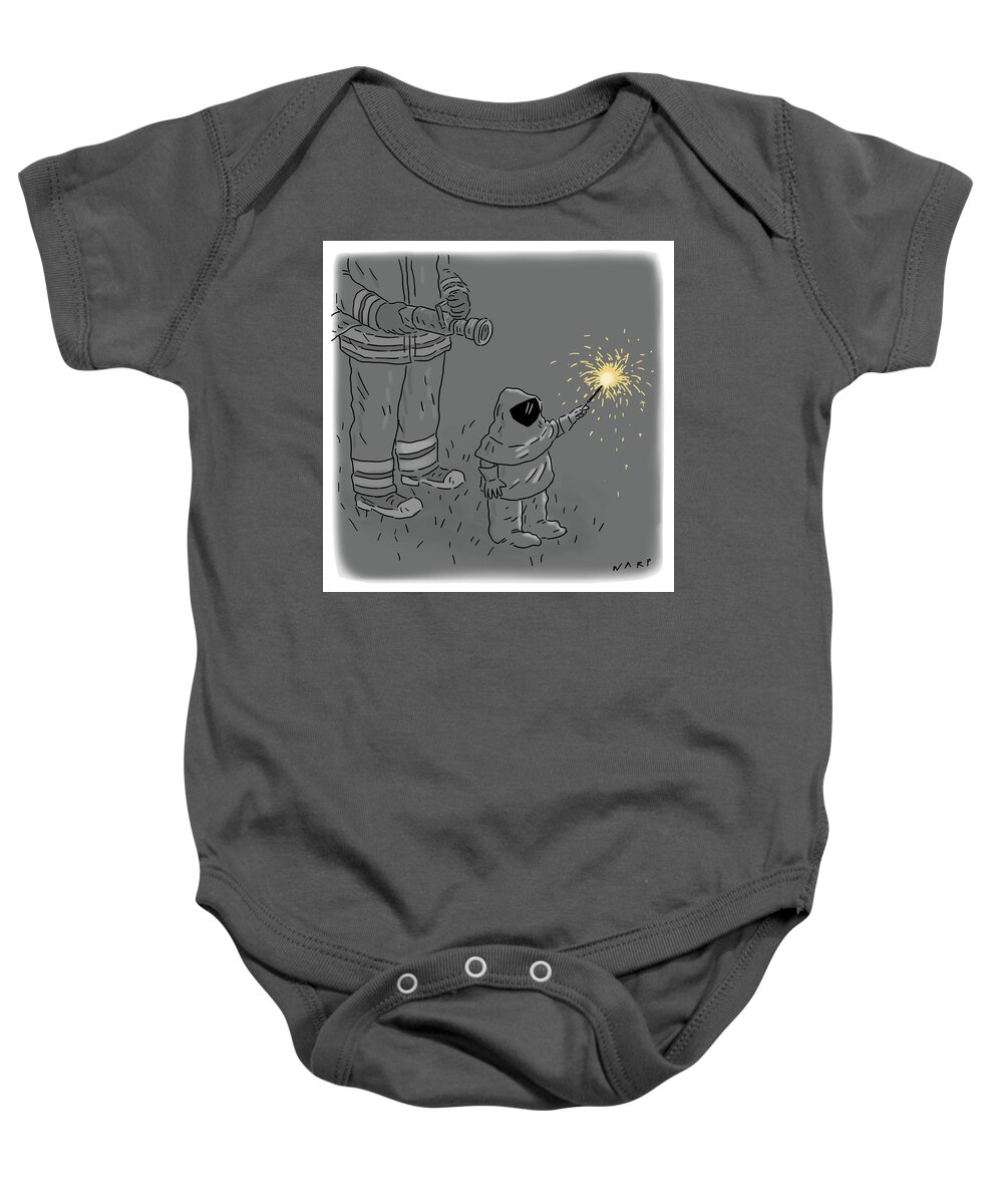 Cartoon Baby Onesie featuring the drawing Child Wearing A Hazmat Suit Holding A Sparkler by Kim Warp