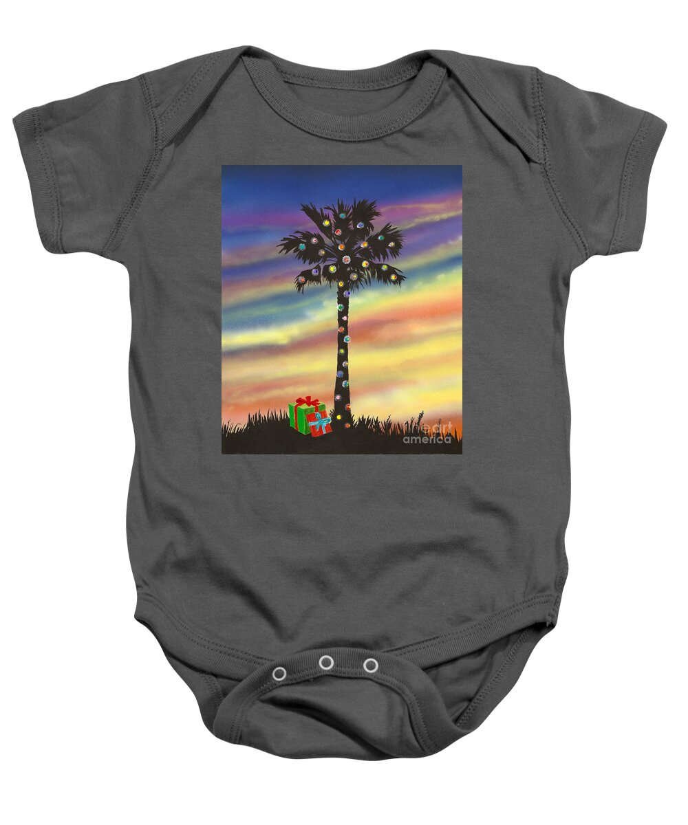 Palm Tree Baby Onesie featuring the painting San Clemente Christmas by Mary Scott