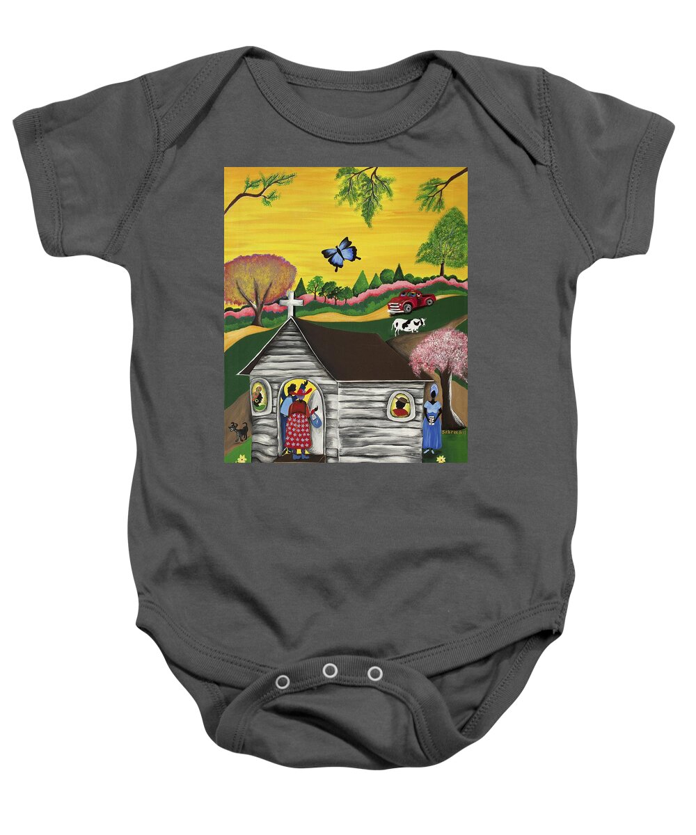 Gullah Geechee Art Baby Onesie featuring the painting Closer to the Stars 2 by Patricia Sabreee