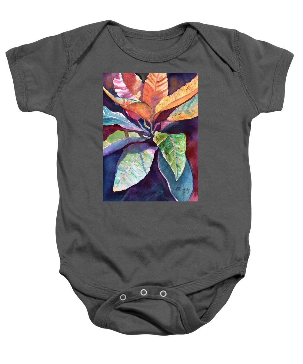 Tropical Leaves Baby Onesie featuring the painting Colorful Tropical Leaves 3 by Marionette Taboniar