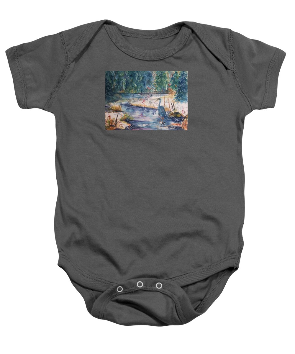 Heron Baby Onesie featuring the painting Contemplating Lunch by Ellen Levinson