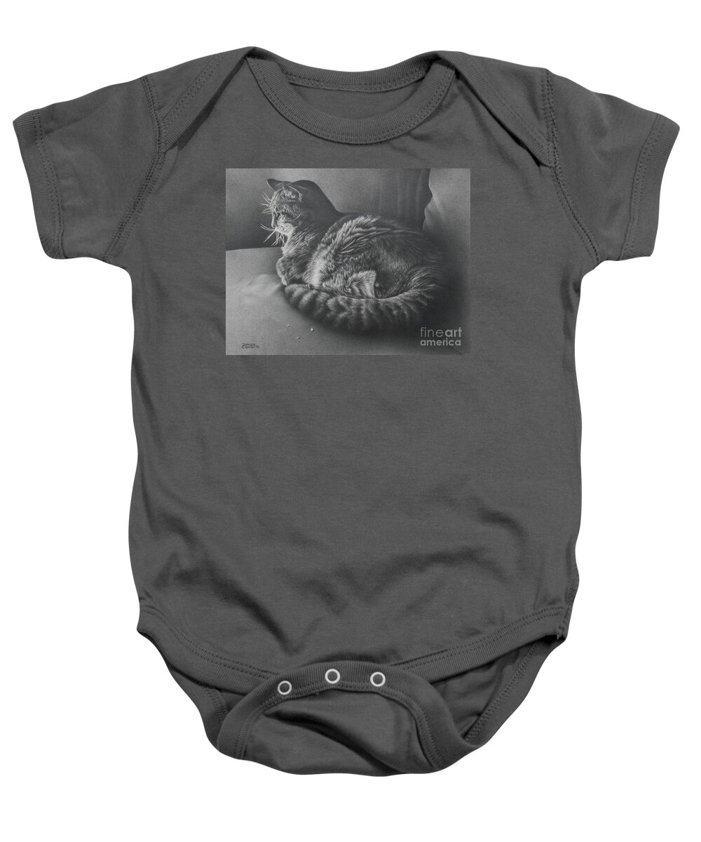 Cat Baby Onesie featuring the drawing Contentment by Pamela Clements