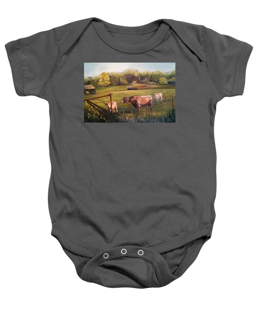 Longhorn Cattle Baby Onesie featuring the painting Courtship Across The Fence Line by Connie Rish
