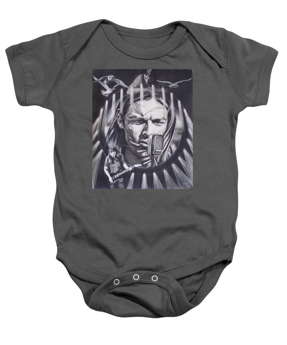 Charcoal Pencil On Paper Baby Onesie featuring the drawing David Gilmour Of Pink Floyd - Echoes by Sean Connolly