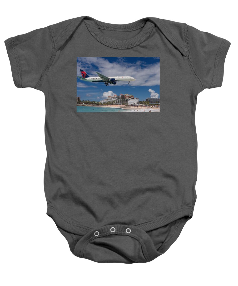 Delta Baby Onesie featuring the photograph Delta Air LInes landing at St. Maarten by David Gleeson