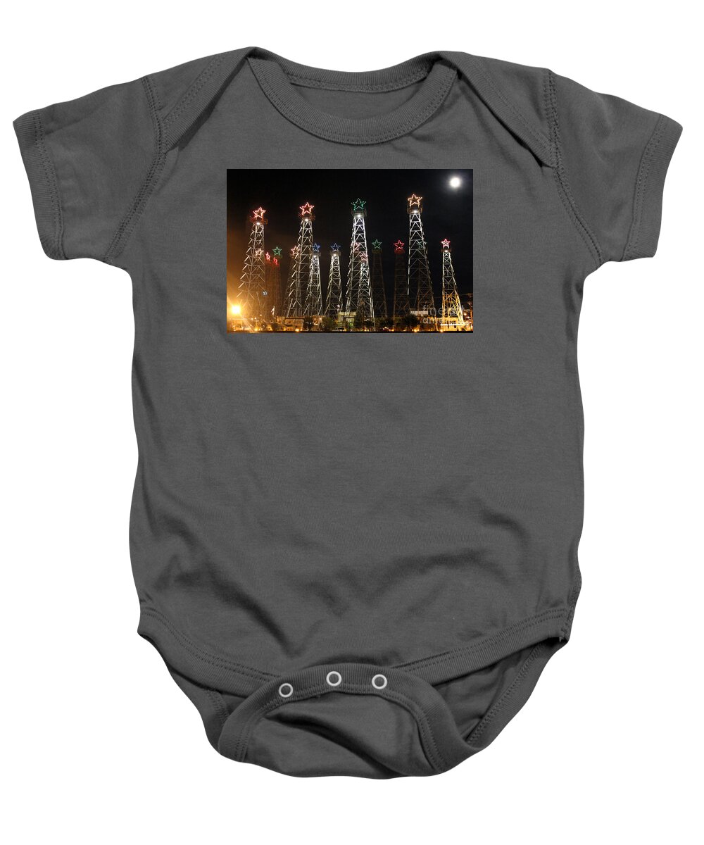 Oil Derricks Baby Onesie featuring the photograph Derricks Under A Full Moon by Kathy White