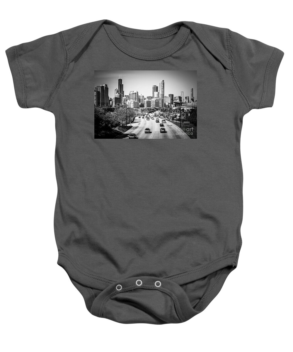America Baby Onesie featuring the photograph Downtown Chicago Lake Shore Drive in Black and White by Paul Velgos