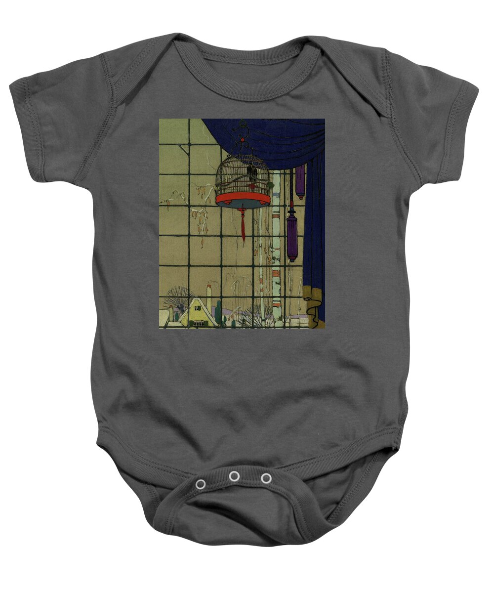 Animal Baby Onesie featuring the digital art Drawing Of A Bid In A Cage In Front Of A Window by H. George Brandt