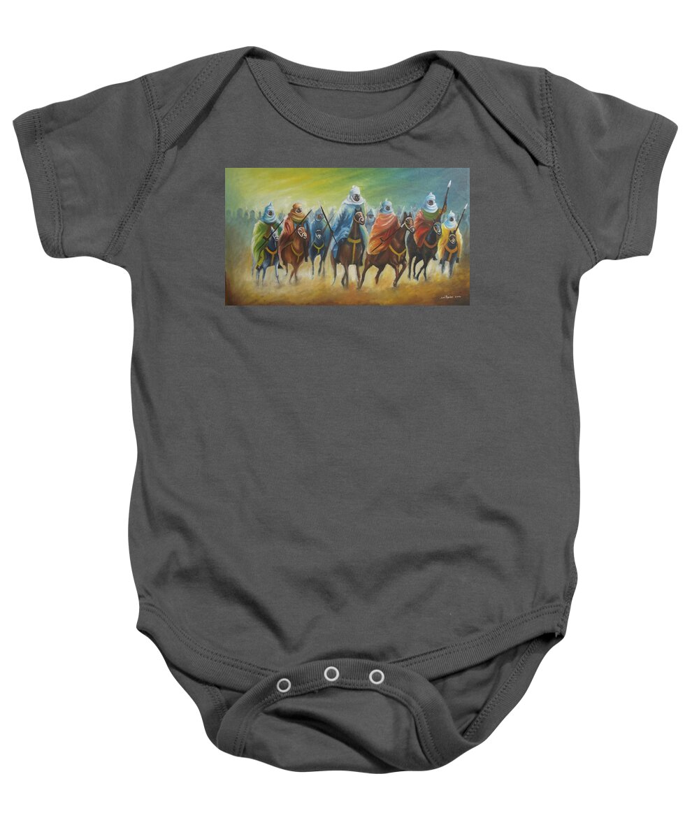 Yellow Baby Onesie featuring the painting Durbar Riders by Olaoluwa Smith