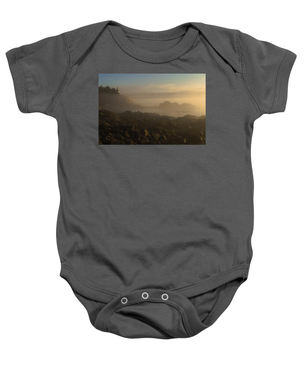 West Quoddy Head Lighthouse Baby Onesie featuring the photograph Early morning fog at Quoddy by Marty Saccone