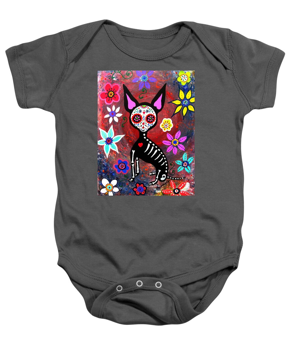 El Perrito Baby Onesie featuring the painting El Perrito Chihuahua Day Of The Dead by Pristine Cartera Turkus