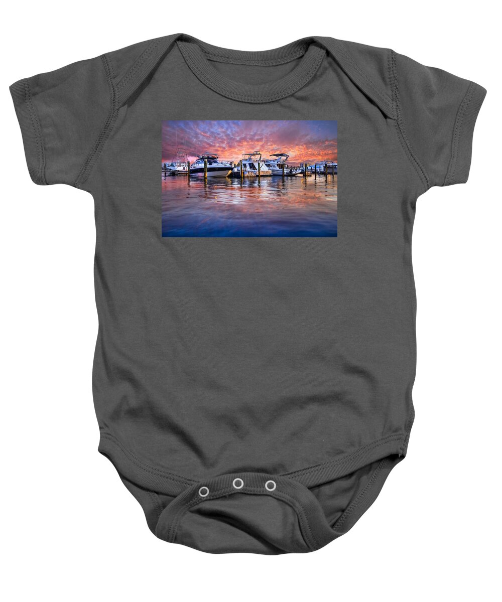 Boats Baby Onesie featuring the photograph Evening Harbor by Debra and Dave Vanderlaan