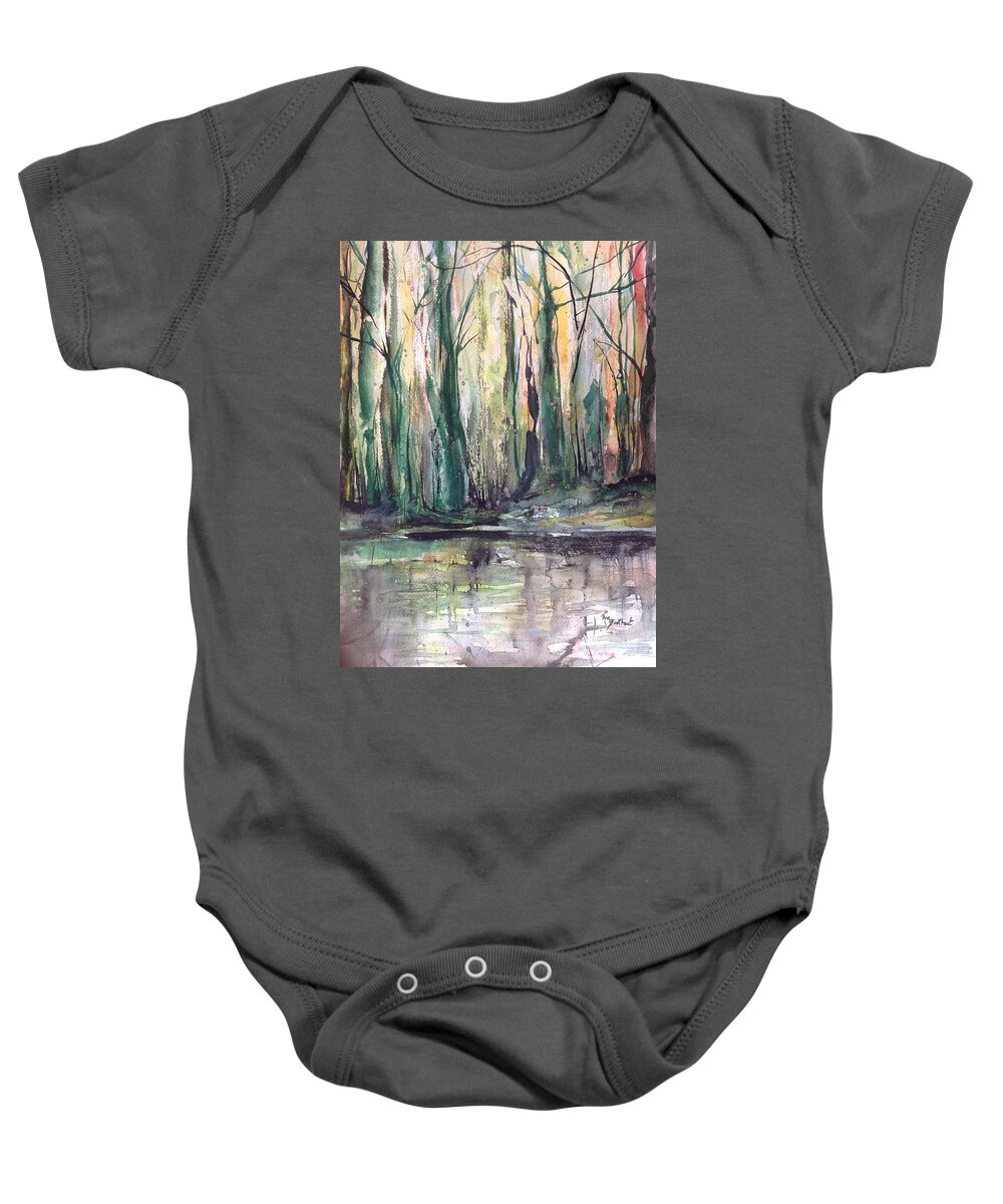 Trees Baby Onesie featuring the painting Hauntingly Eureka  Fall Trees at Night Edge by Robin Miller-Bookhout