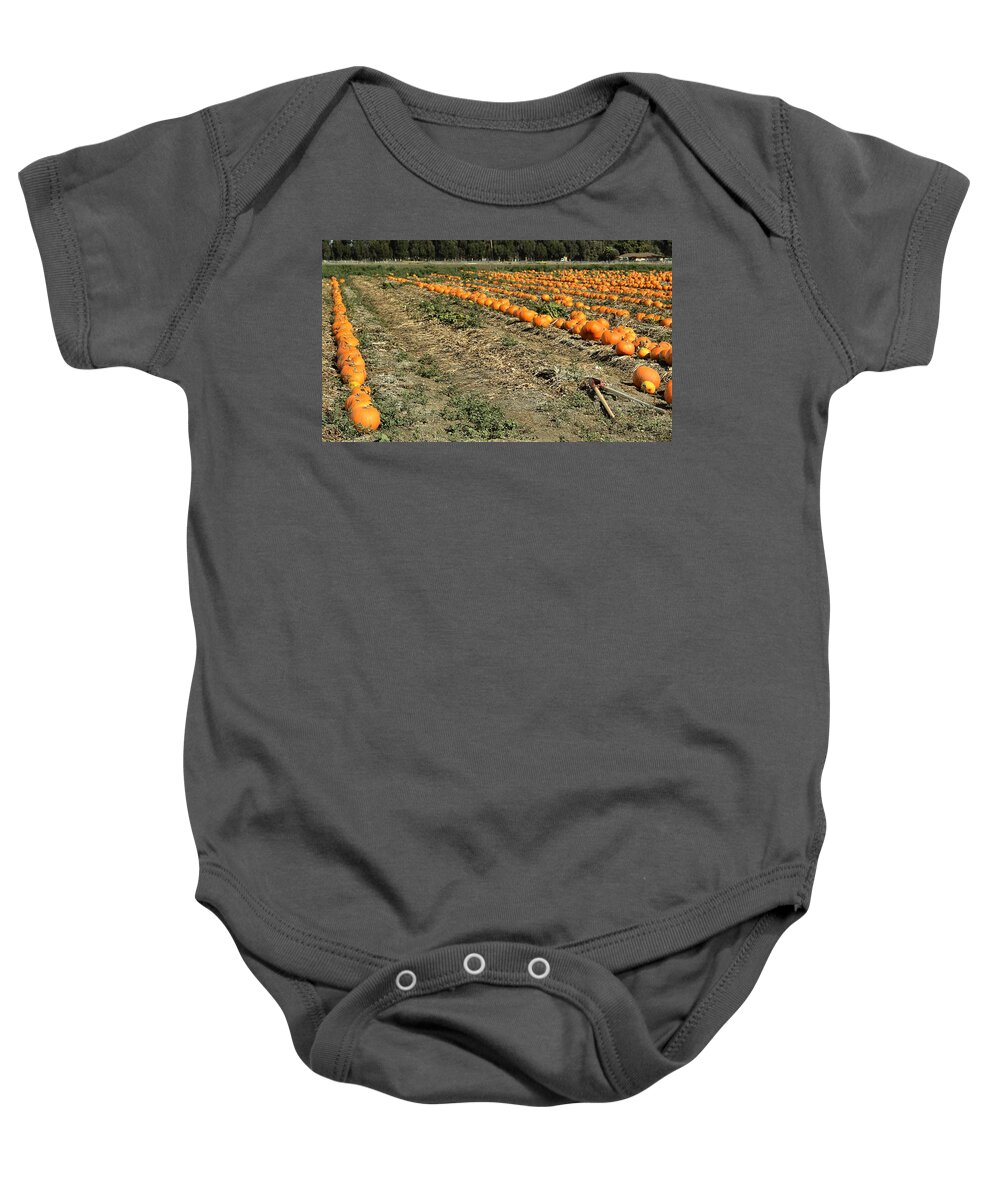 October Baby Onesie featuring the photograph Fencing The Pumpkin Patch by Michael Gordon
