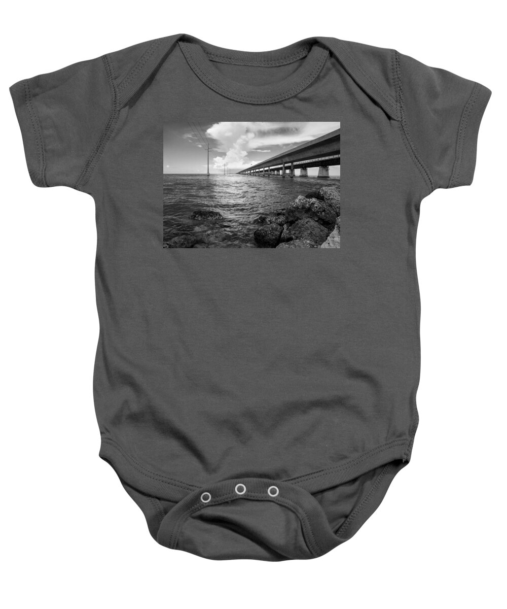 Florida Baby Onesie featuring the photograph Florida Keys Seven Mile Bridge South BW by Photographic Arts And Design Studio