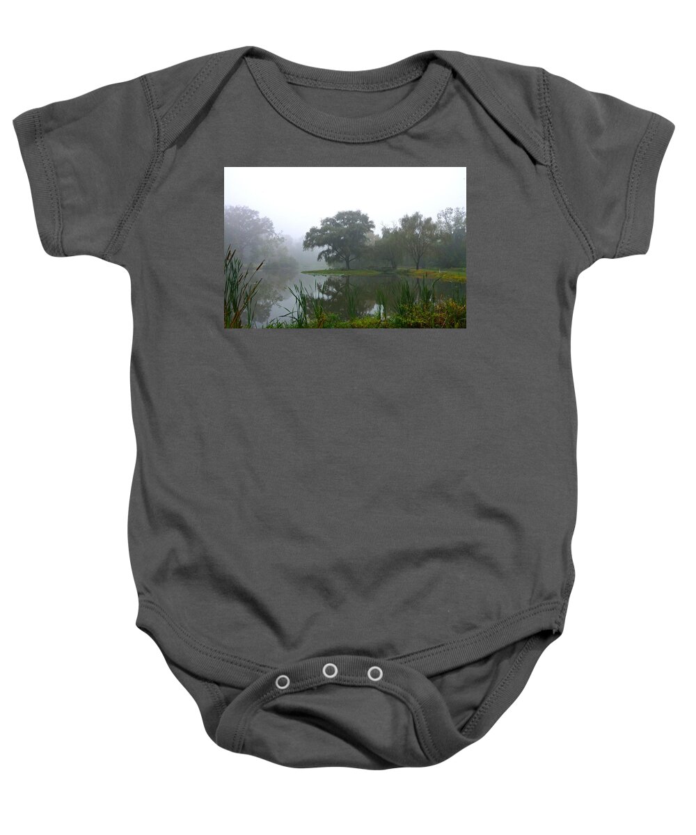 Landscape With Pond And Fog And Trees Baby Onesie featuring the photograph Foggy Morning At The Willows by Byron Varvarigos