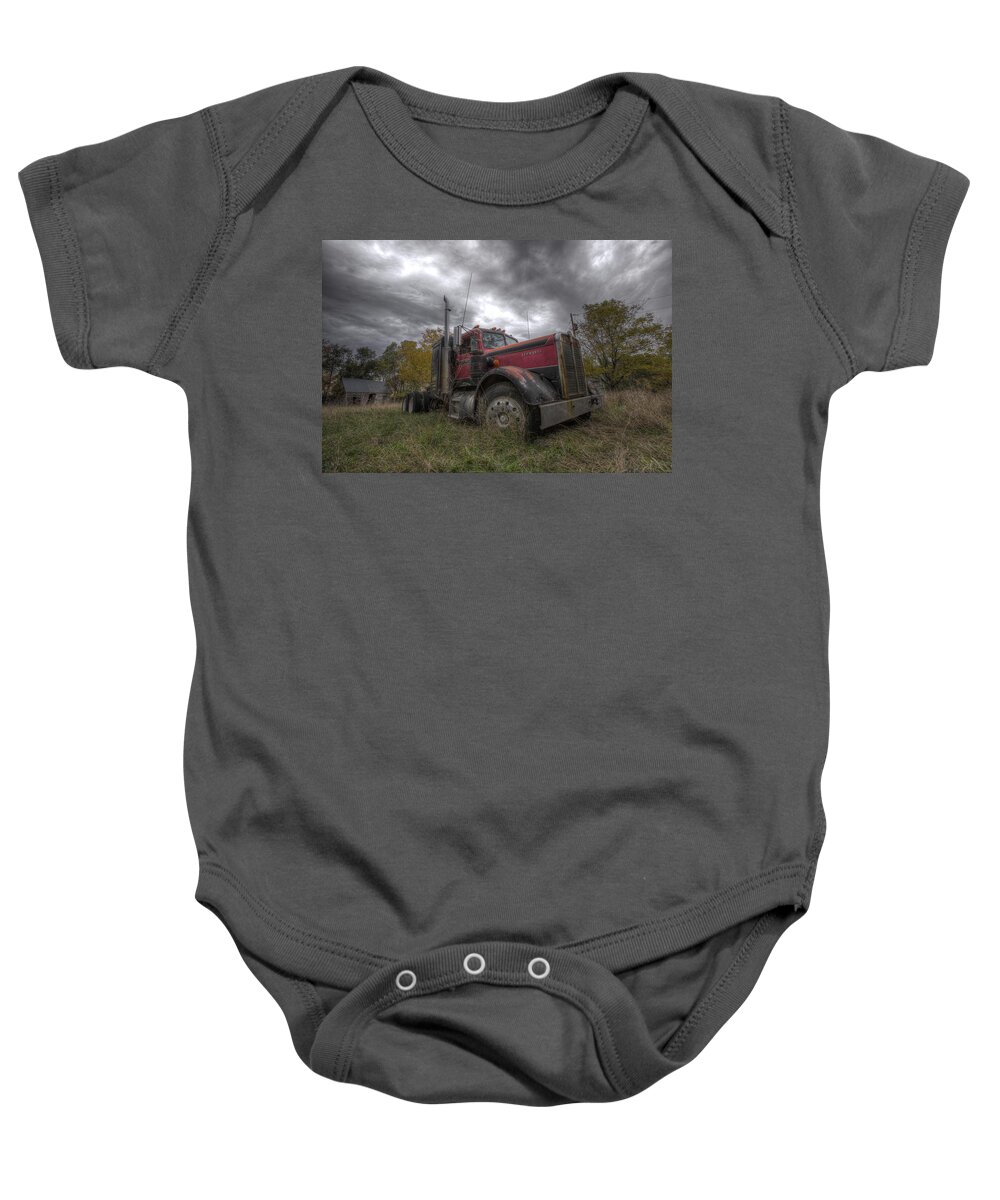 Semi Baby Onesie featuring the photograph Forgotten Big Rig 2014 V2 by Aaron J Groen