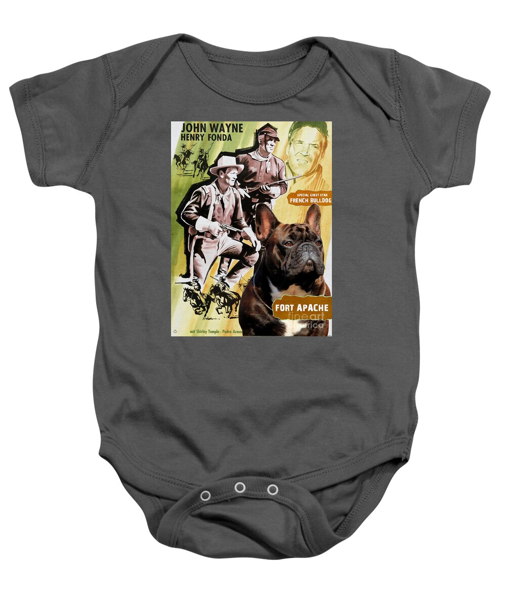 French Bulldog Baby Onesie featuring the painting French Bulldog Art - Fort Apache Movie Poster by Sandra Sij