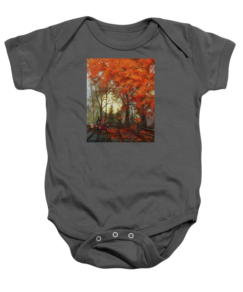  Autumn Baby Onesie featuring the painting Full Moon on Halloween Lane by Tom Shropshire