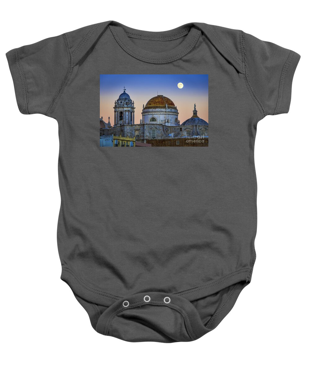 Andalucia Baby Onesie featuring the photograph Full Moon Rising Over the Cathedral Cadiz Spain by Pablo Avanzini