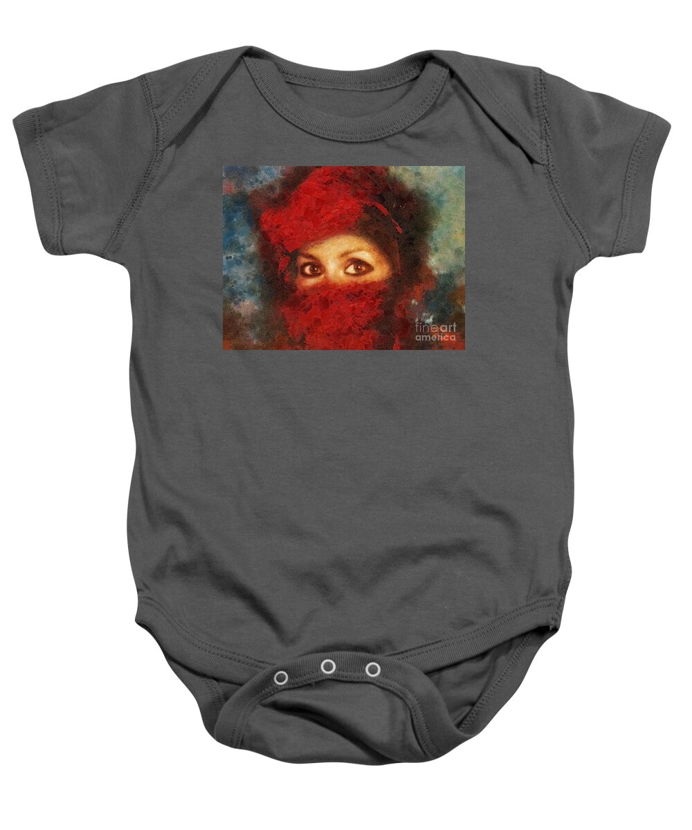 Girl In Red Turban Baby Onesie featuring the painting Girl in Red Turban by Mo T