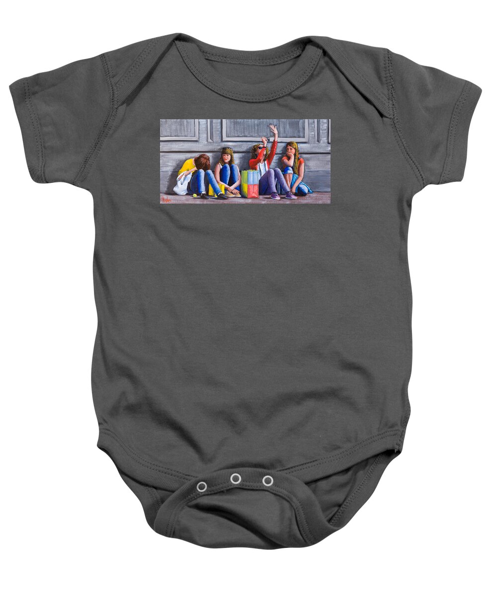 Girls Baby Onesie featuring the painting Girls Waiting for Ride by Kevin Hughes