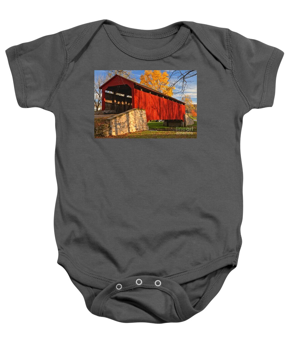 Poole Forge Covered Bridge Baby Onesie featuring the photograph Gold Above The Poole Forge Covered Bridge by Adam Jewell