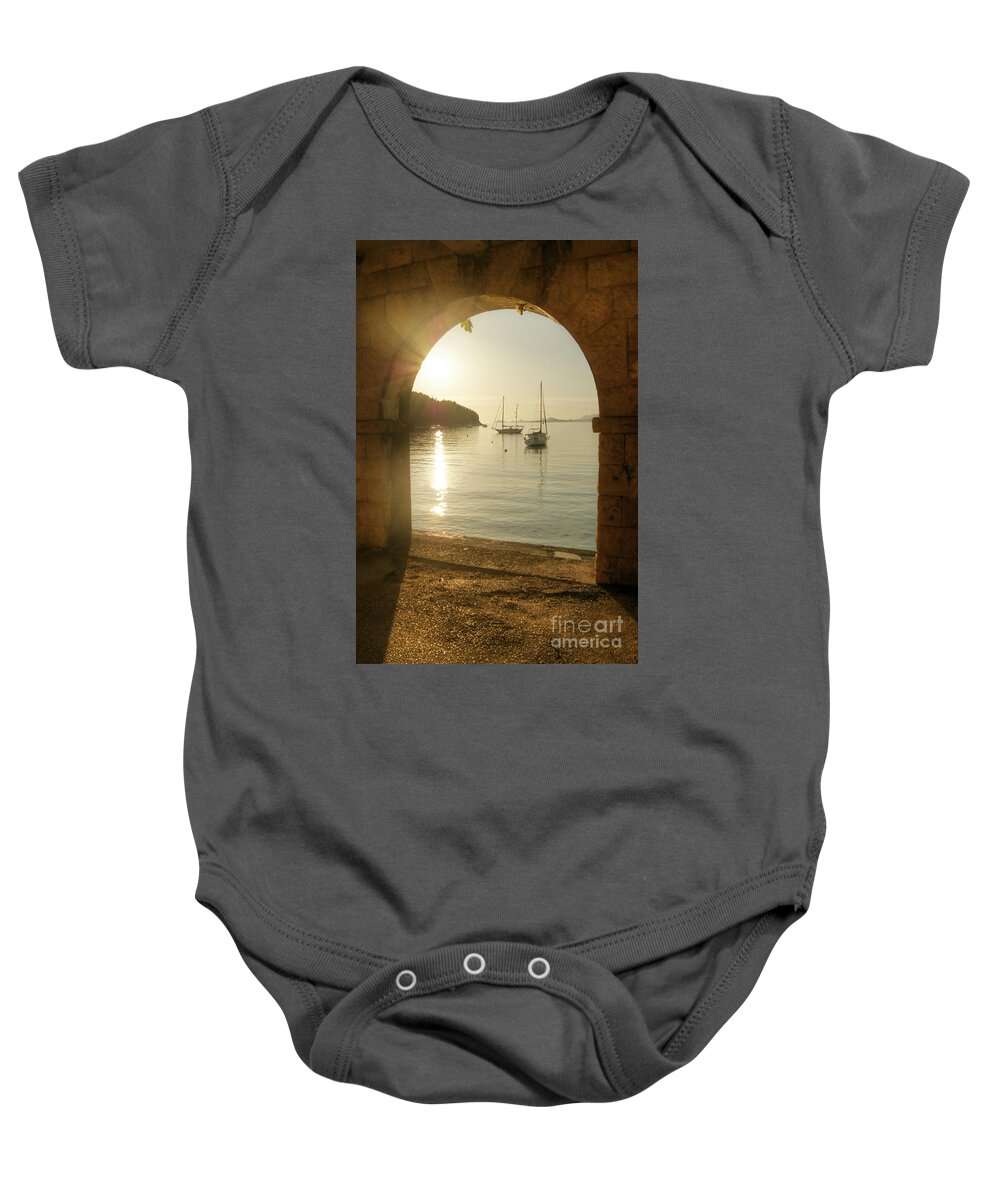 Sunset Baby Onesie featuring the photograph Golden Archway Sunset by David Birchall