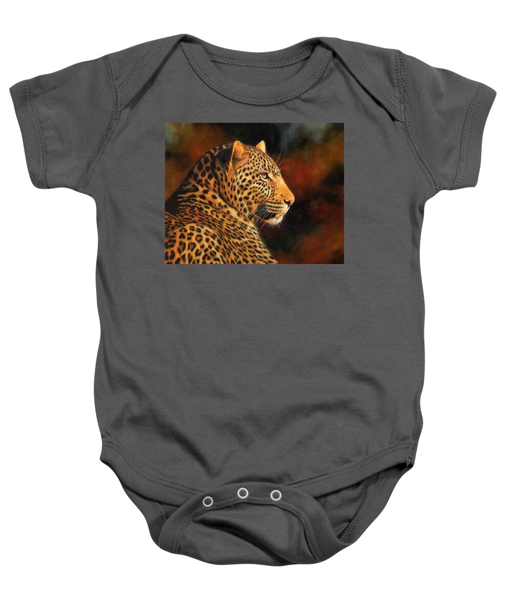 Leopard Baby Onesie featuring the painting Golden Leopard by David Stribbling