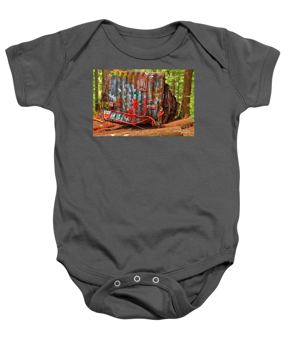 Train Wreck Baby Onesie featuring the photograph Graffiti On The Wreckage by Adam Jewell